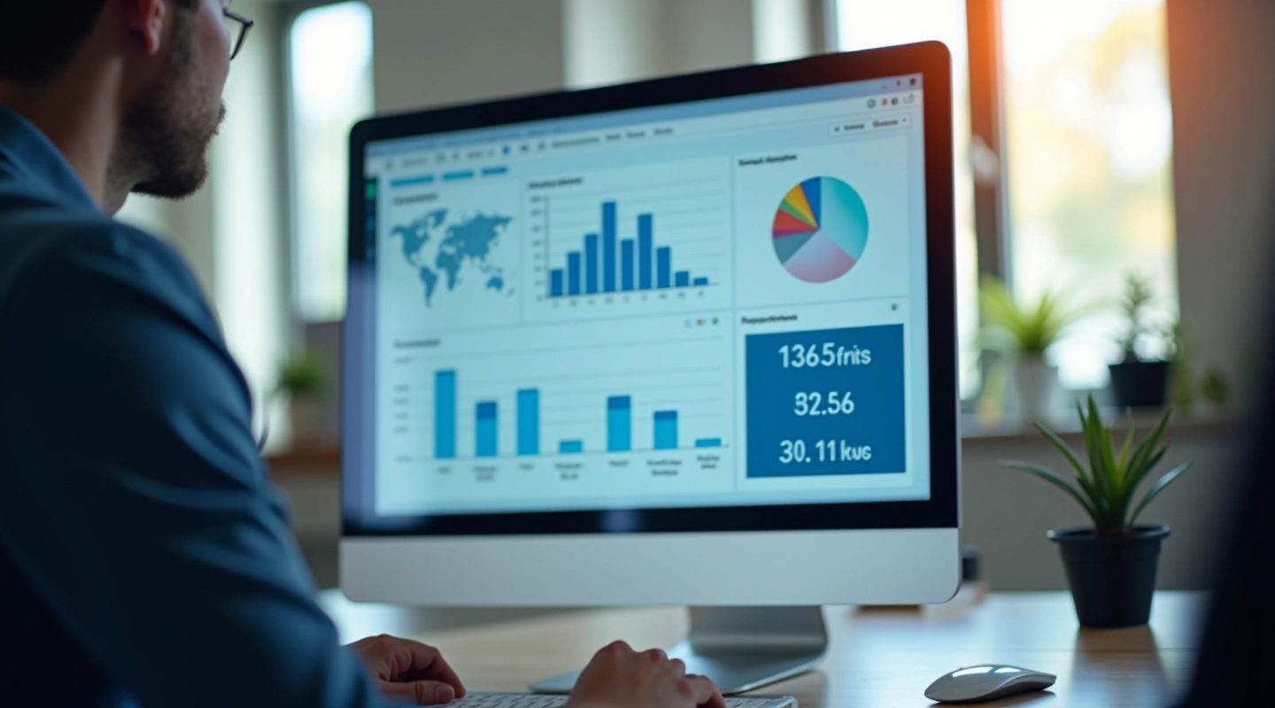 Dataanalysedashboard viser indtægtsdata og grafer på computerskærm