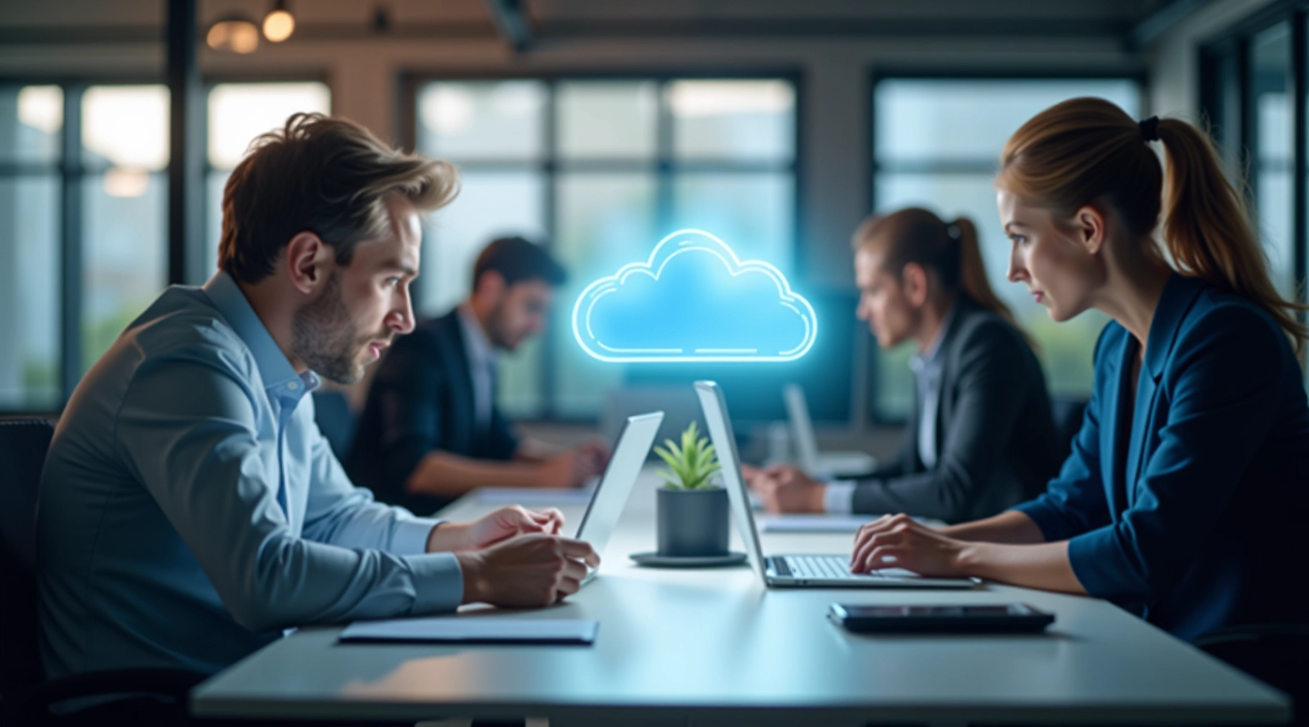 Moderne cloud workspace med computerudstyr og team collaboration