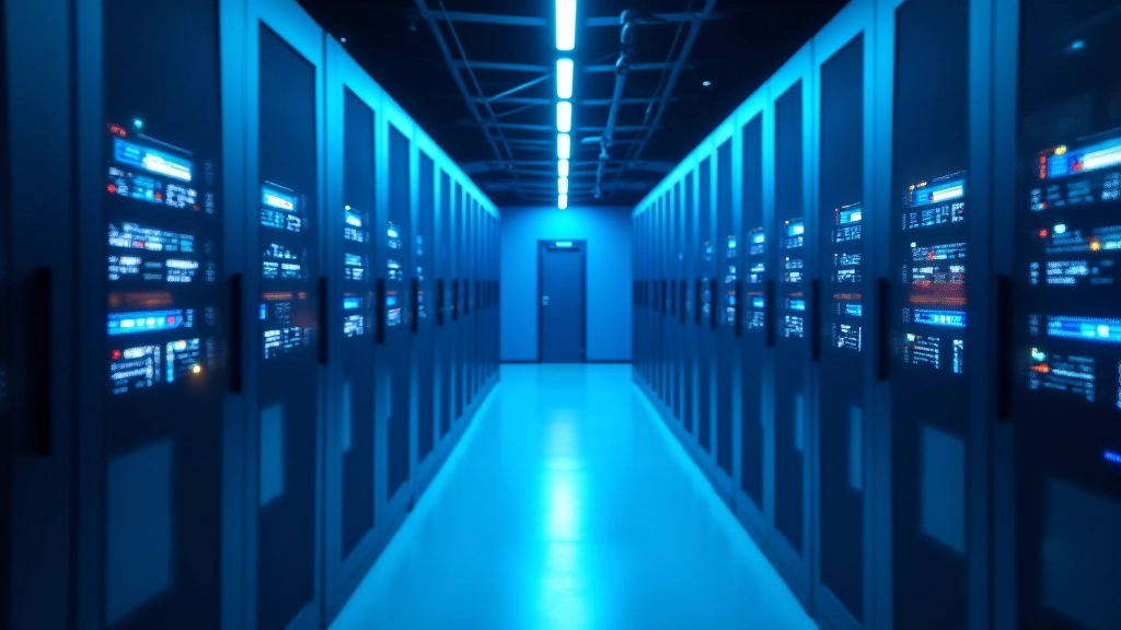 Serverrum med blå LED-lys og moderne infrastruktur